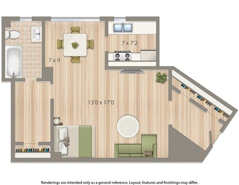 Floor plan for studio, 1 bath, 503 sqft